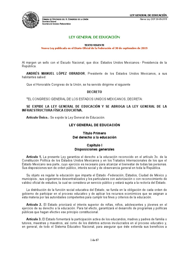 Ley General de Educacion Publicada El 30 de Sep de 2019 | PDF ...