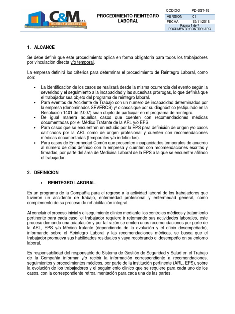Procedimiento de Reintegro Laboral | PDF | Medicina | Salud y bienestar