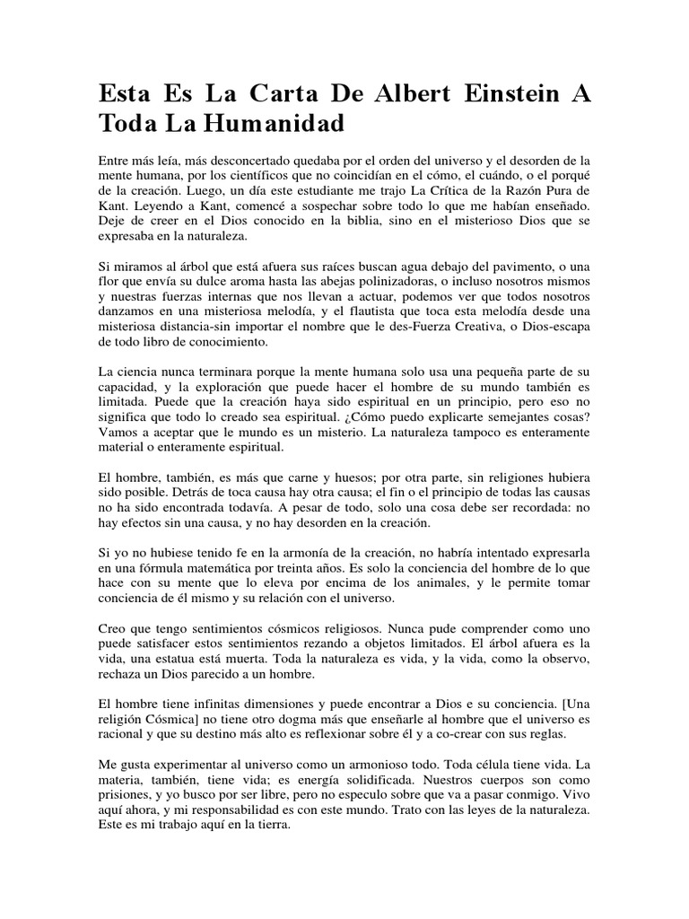 Esta Es La Carta De Albert Einstein A Toda La Humanidad  Intuición