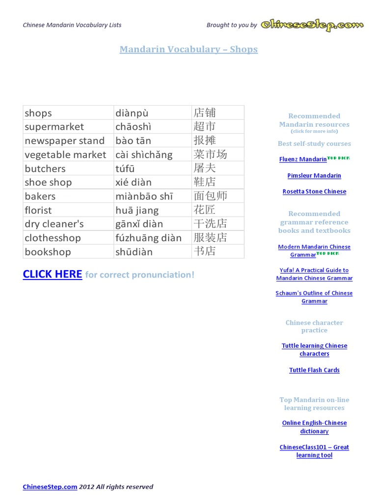 Mandarin Vocabulary for Shops | PDF | Languages Of Hong Kong ...