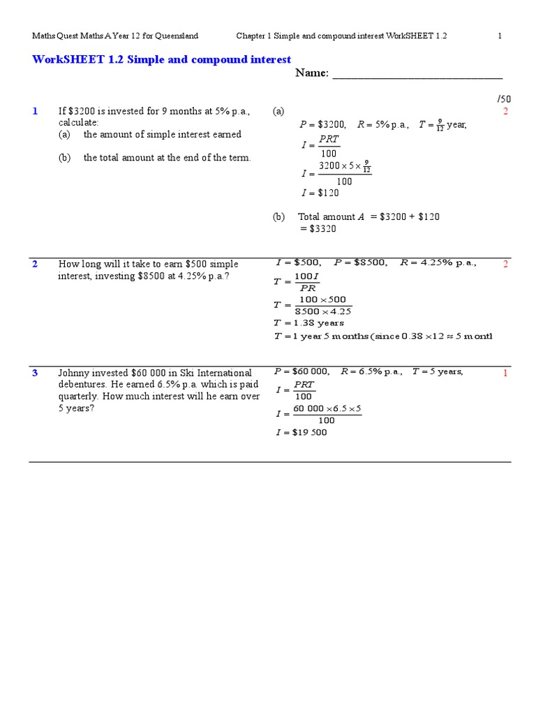 Mqa 233 WS 23  Compound Interest  Interest Regarding Compound Interest Worksheet Answers