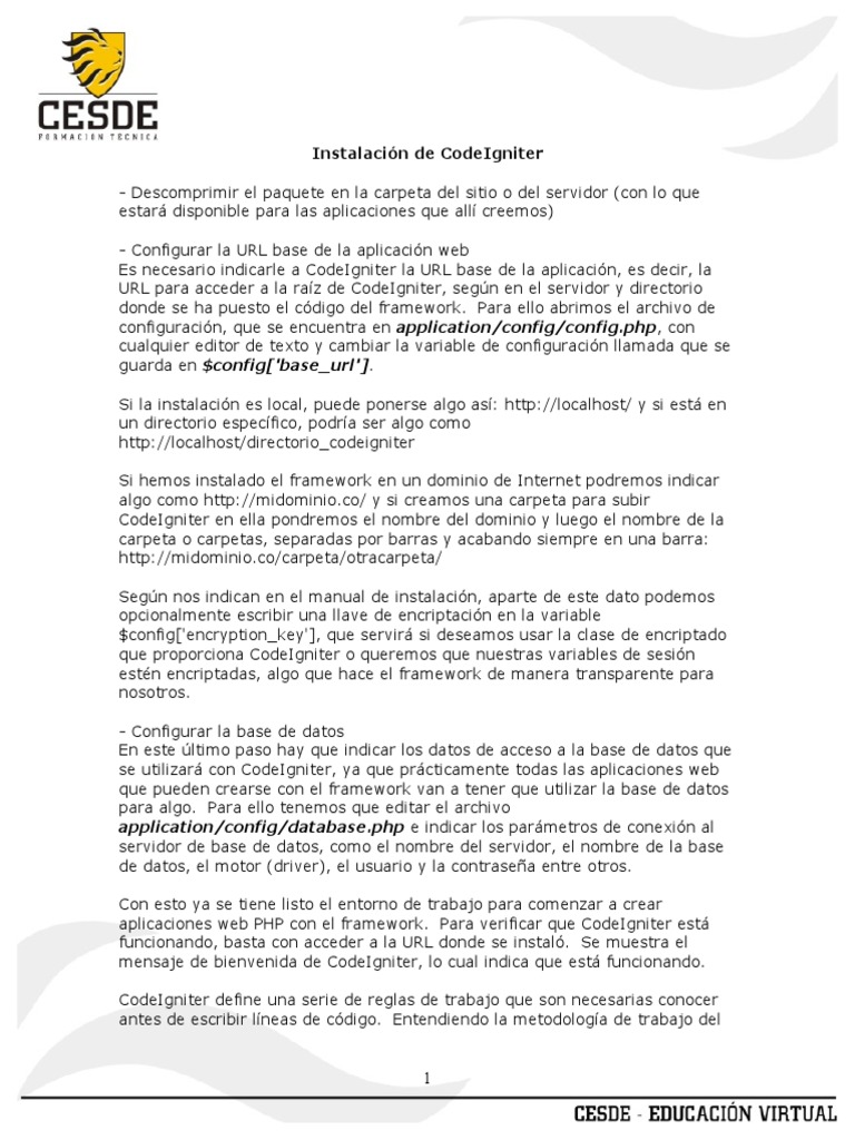 Guía de Instalación y Configuración de CodeIgniter | PDF | Marco de ...