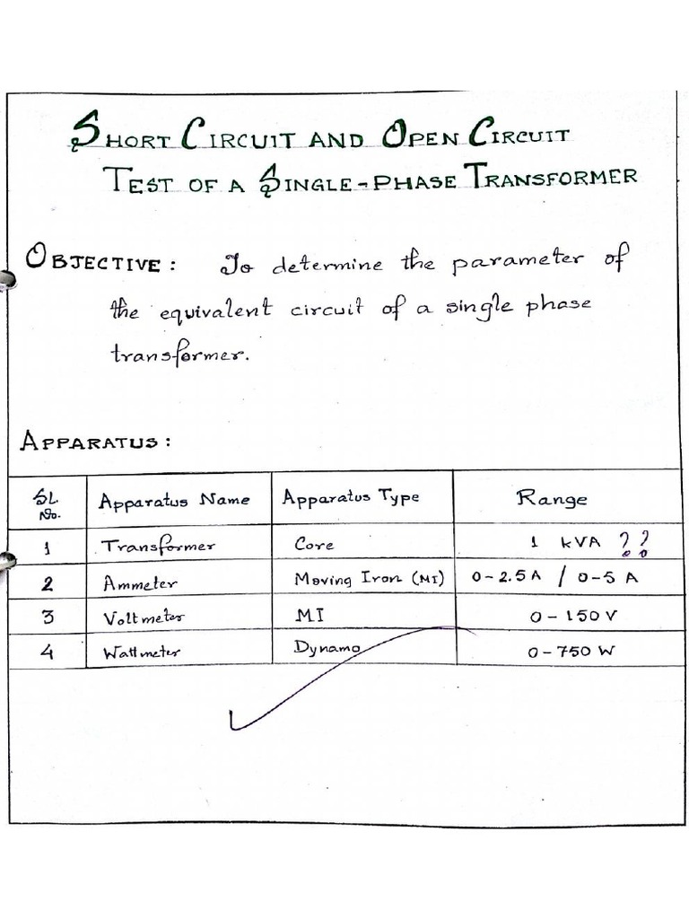 Open Circuit and Short Circuit Test of Single Phase Transformer PDF