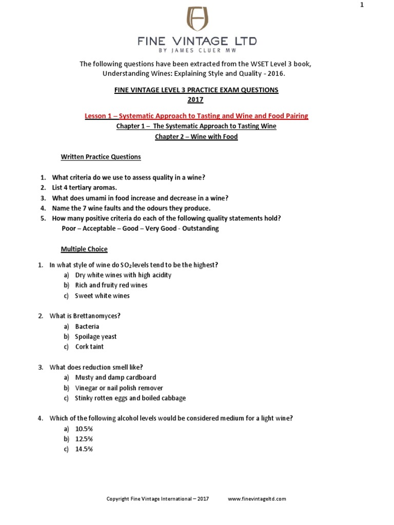 Fine Vintage Level 3 Practice Questions 2017 | PDF | Rose | Wine