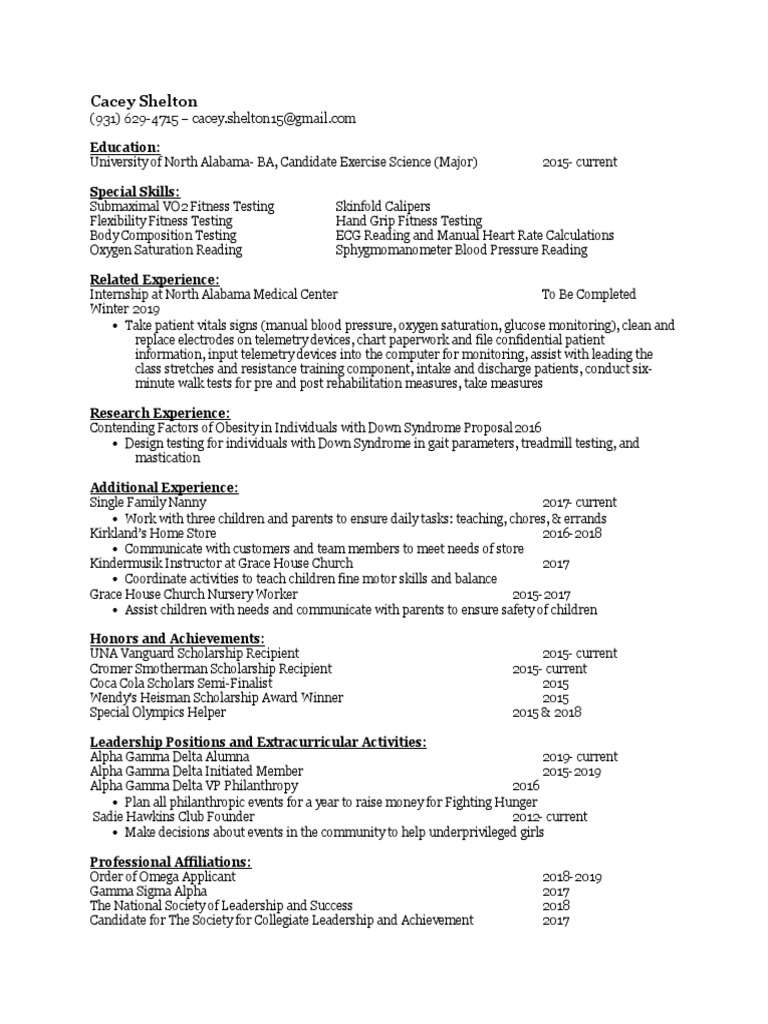 Cacey Shelton's Exercise Science Resume | PDF | Clinical Medicine ...