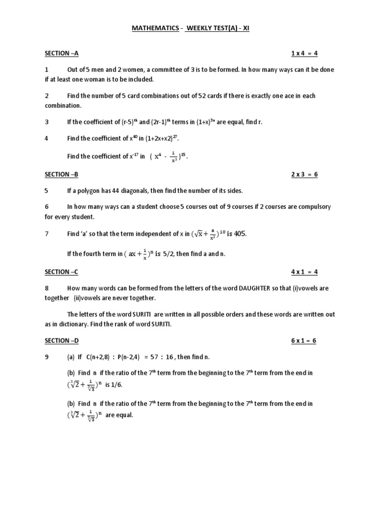 XI Weekly Maths Test Questions | PDF