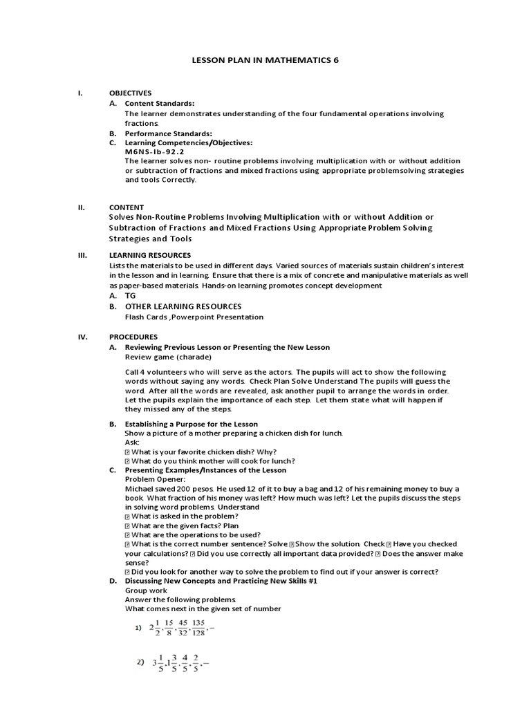 Math 6 Lesson Plan: Fractions Focus | PDF | Lesson Plan | Learning