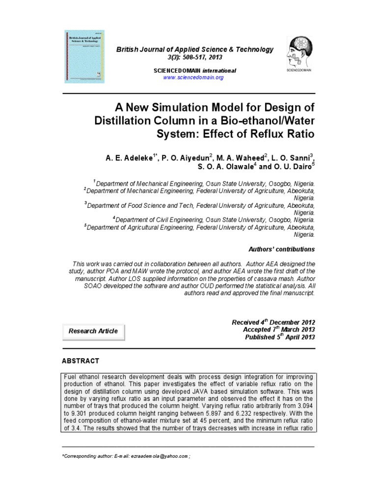 A New Simulation Model For Design of Distillation Column in A Bio ...