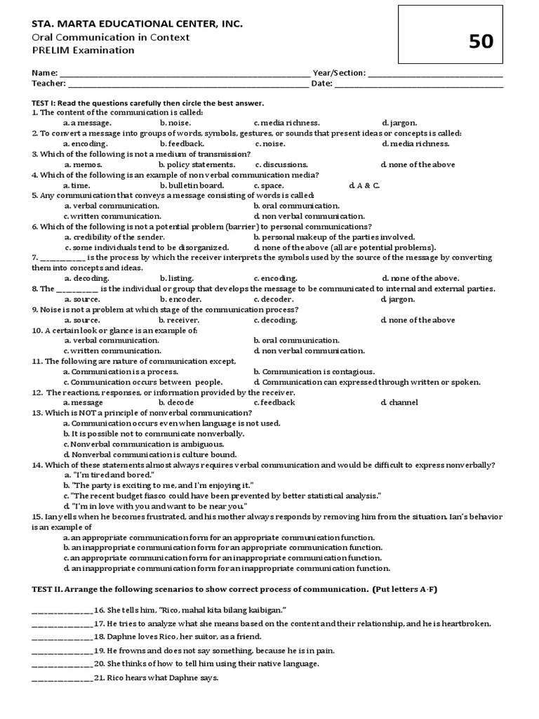 Oral Communication Exam Analyzing Questions about Communication Processes, Principles, and