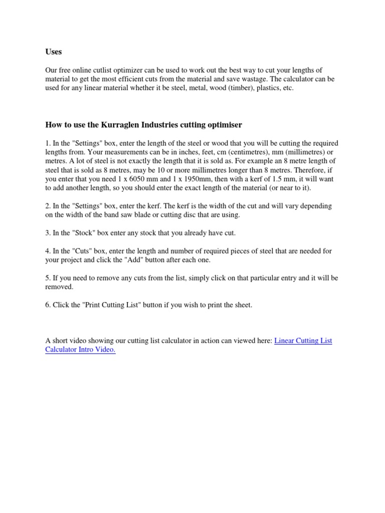 Linear Cutting List Calculator Intro Video PDF