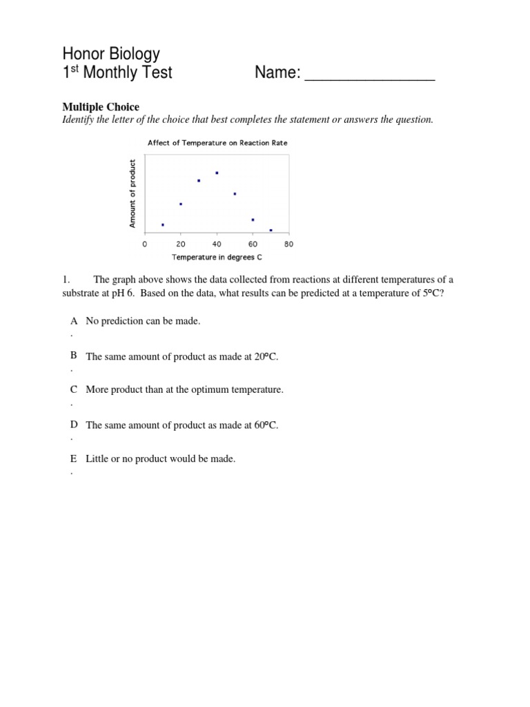 Honors Biology Monthly Test PDF Carbohydrates Enzyme