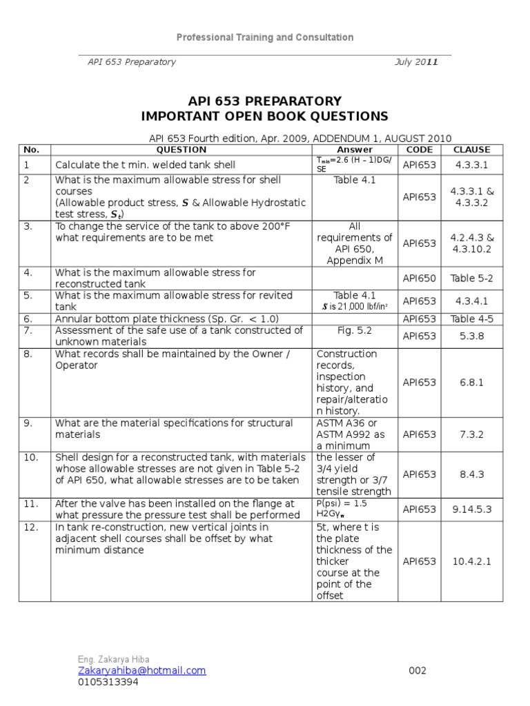 API 653 Exam Prep: Key Questions | PDF | Industrial Processes | Applied ...