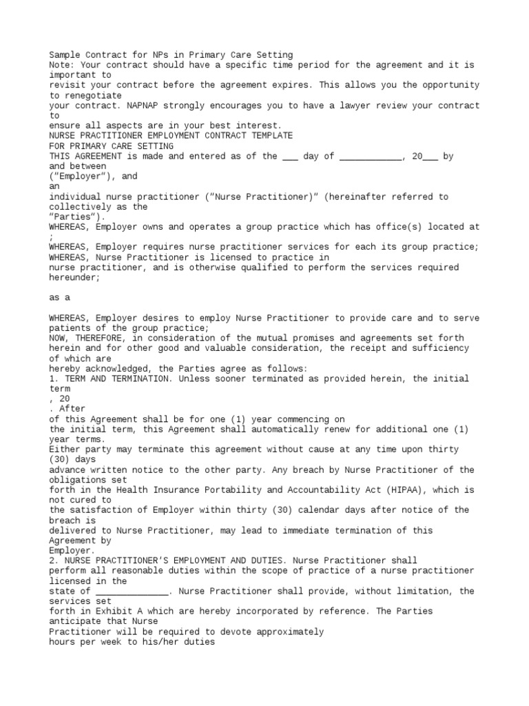 Sample Contract For NP or PNP in Primary Care Setting PDF Nurse