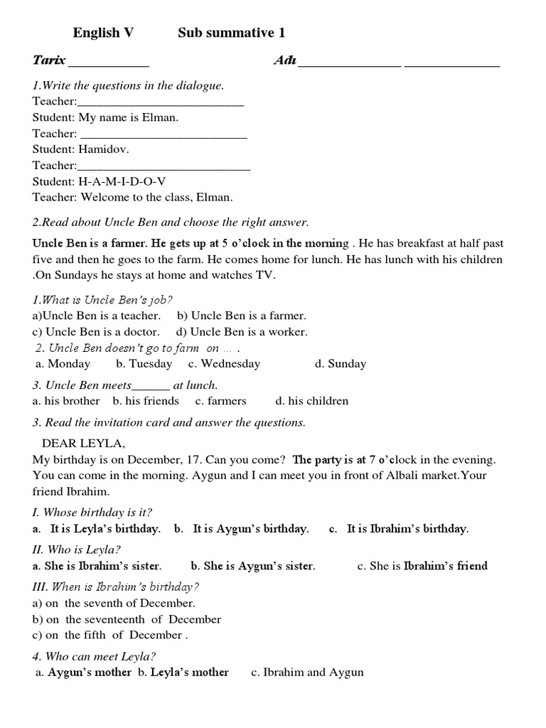 5th Grade English Summative Test 1 | PDF | Syntactic Relationships ...