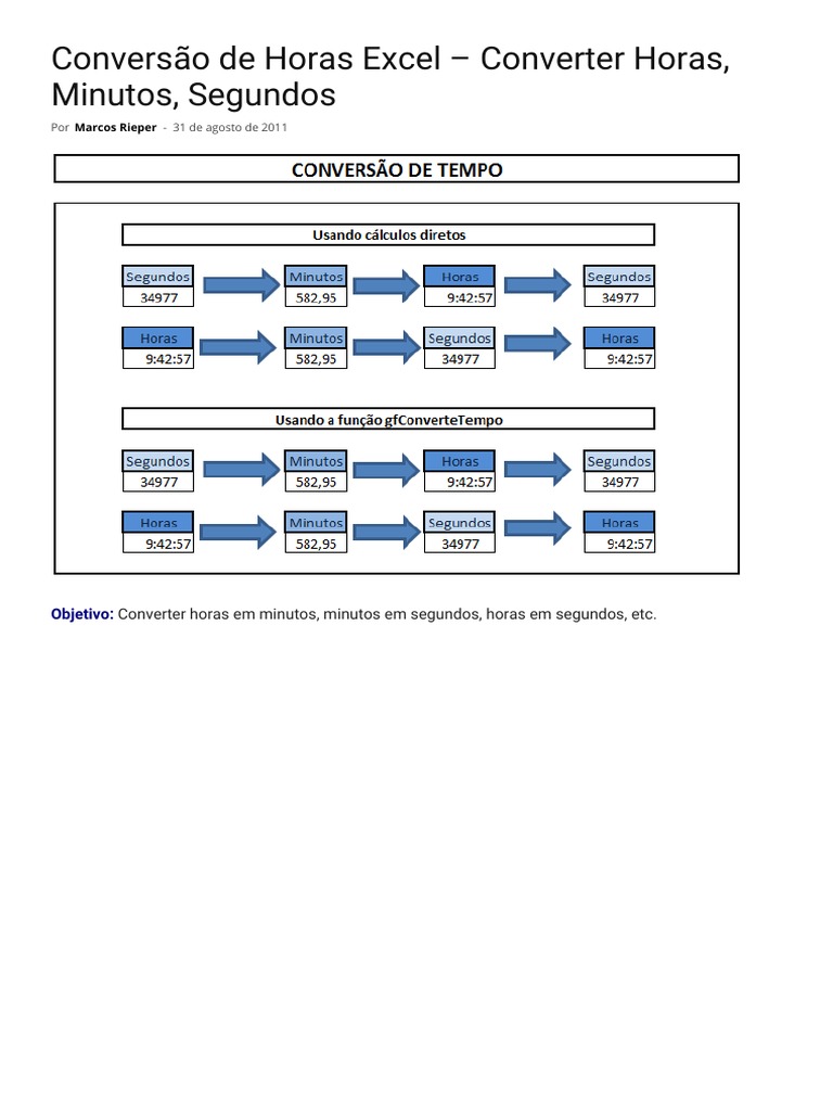 Conversão de Horas Excel - Converter Horas, Minutos, Segundos | PDF ...