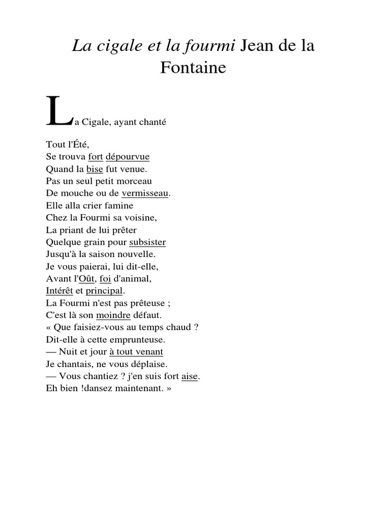 La Cigale Et La Fourmi Texte à Imprimer La Cigale Et La Fourmi Jean de La Fontaine | PDF | Fourmi | Insectes