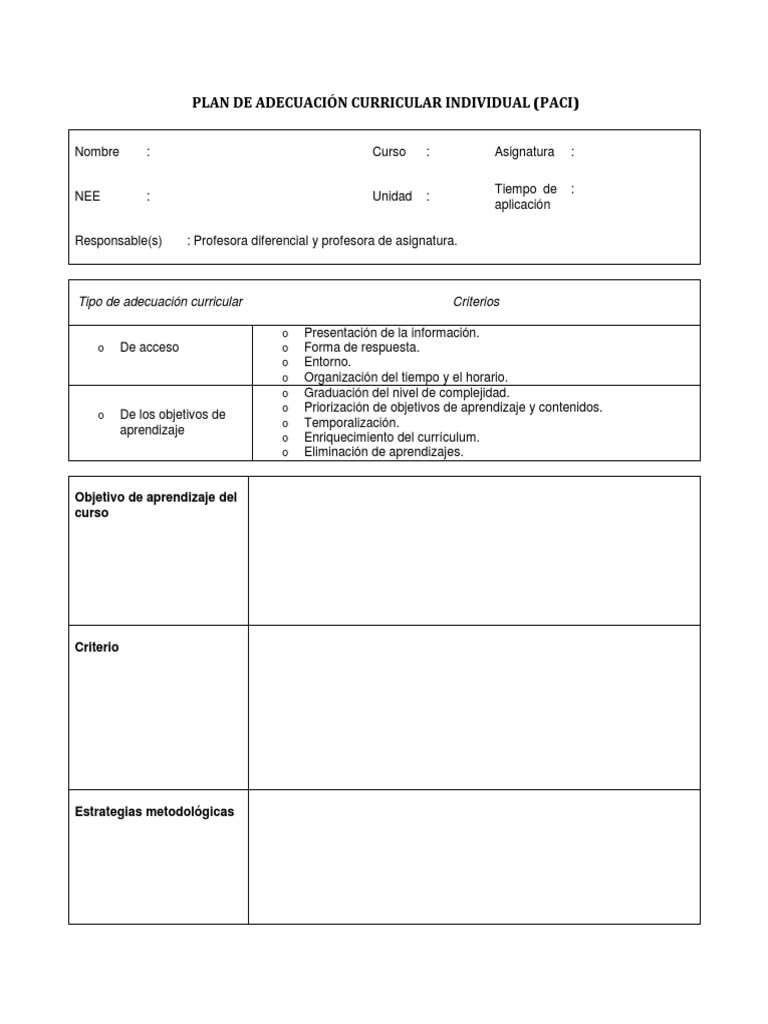 Formato para Completar PACI | PDF | Crecimiento personal y profesional