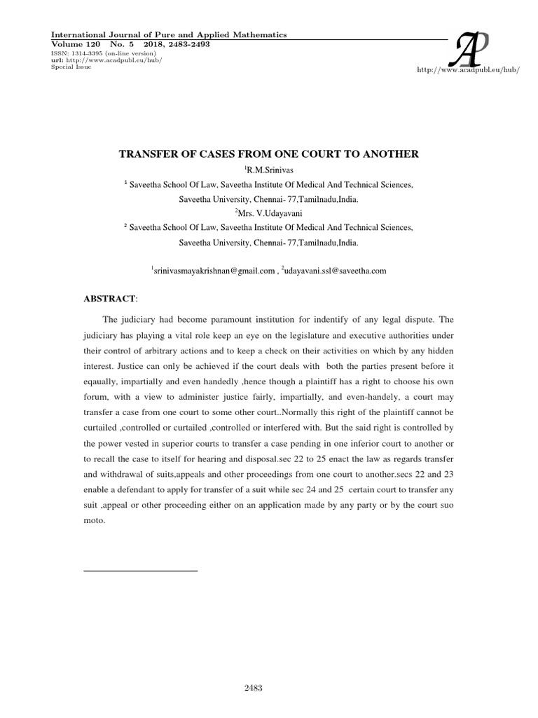 Transfer of Cases From One Court To Another Abstract PDF Lawsuit