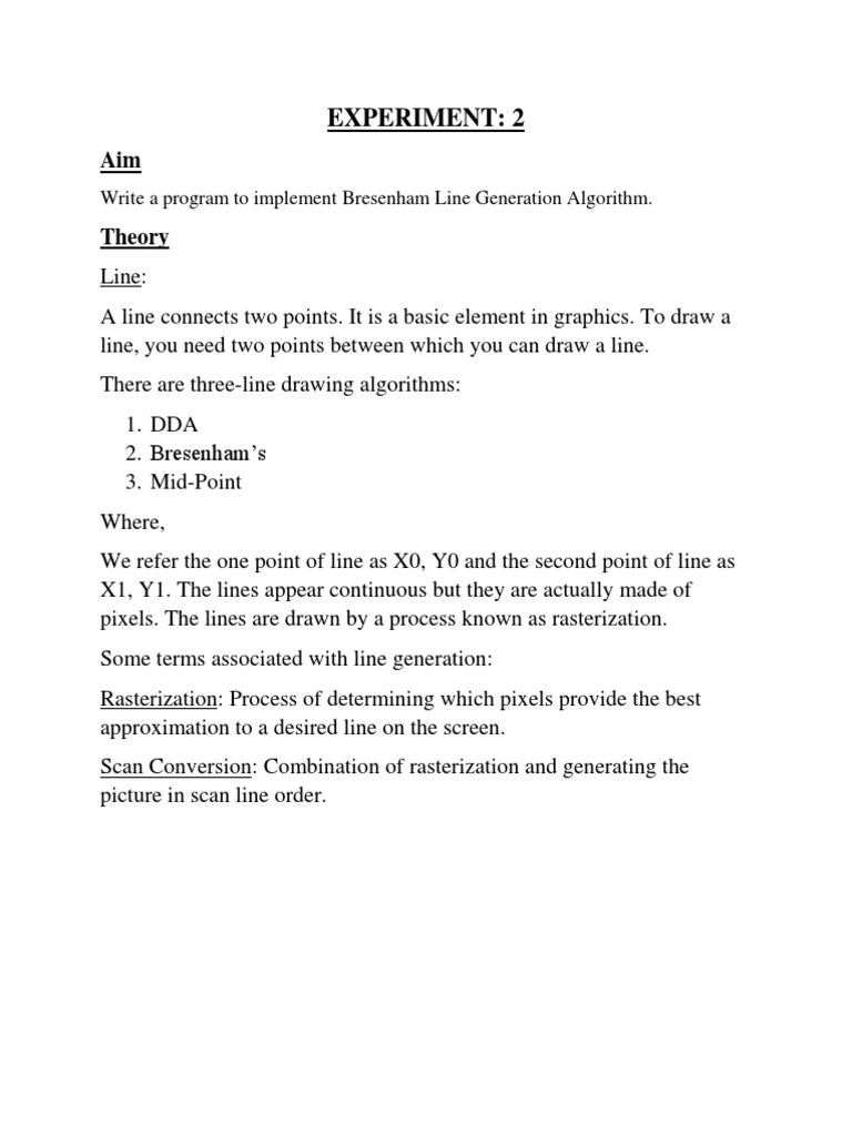 Experiment: 2: Write A Program To Implement Bresenham Line Generation ...