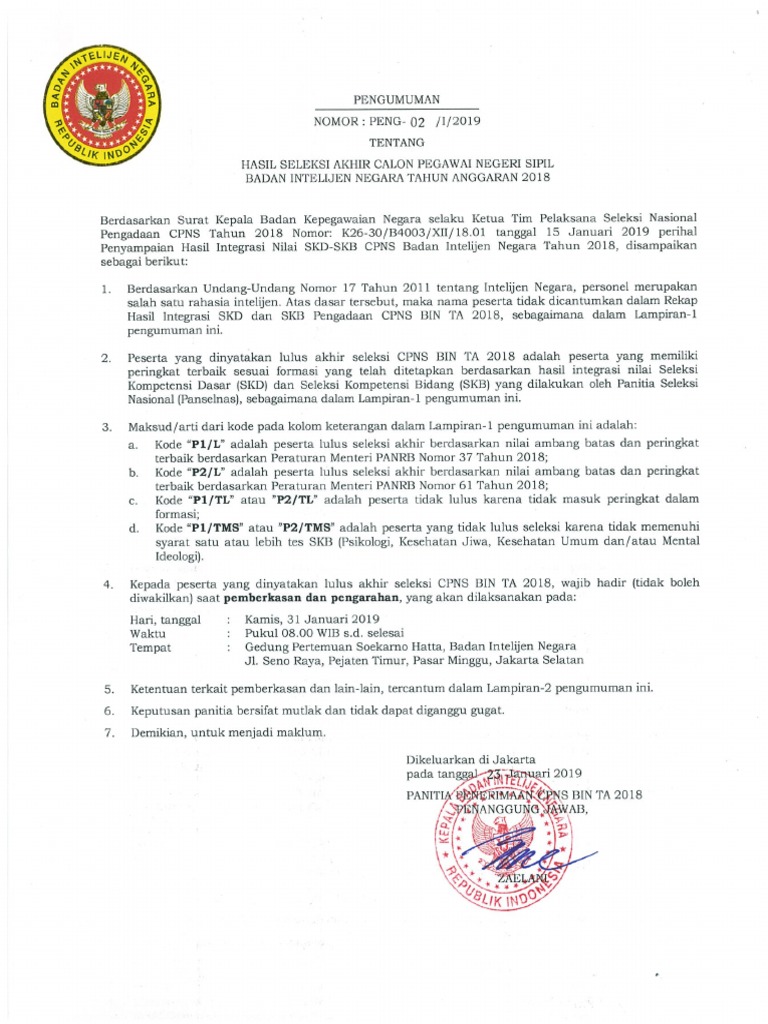 Pengumuman Hasil Seleksi Cpns Bin Ta 2018