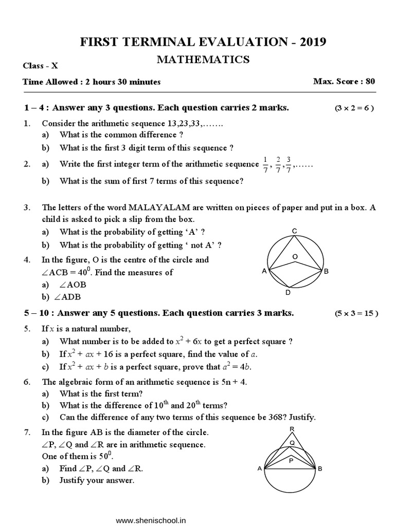 SSLC Maths: Arithmetic Sequence Evaluation | PDF | Circle | Triangle