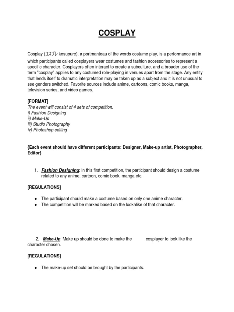 Cosplay Competition: Fashion, Makeup, Photography | PDF