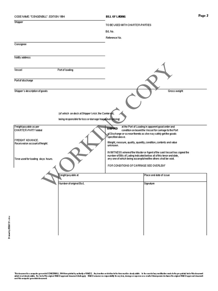 CONGENBILL 1994 Bill of Lading Form | PDF | Bill Of Lading | Cargo