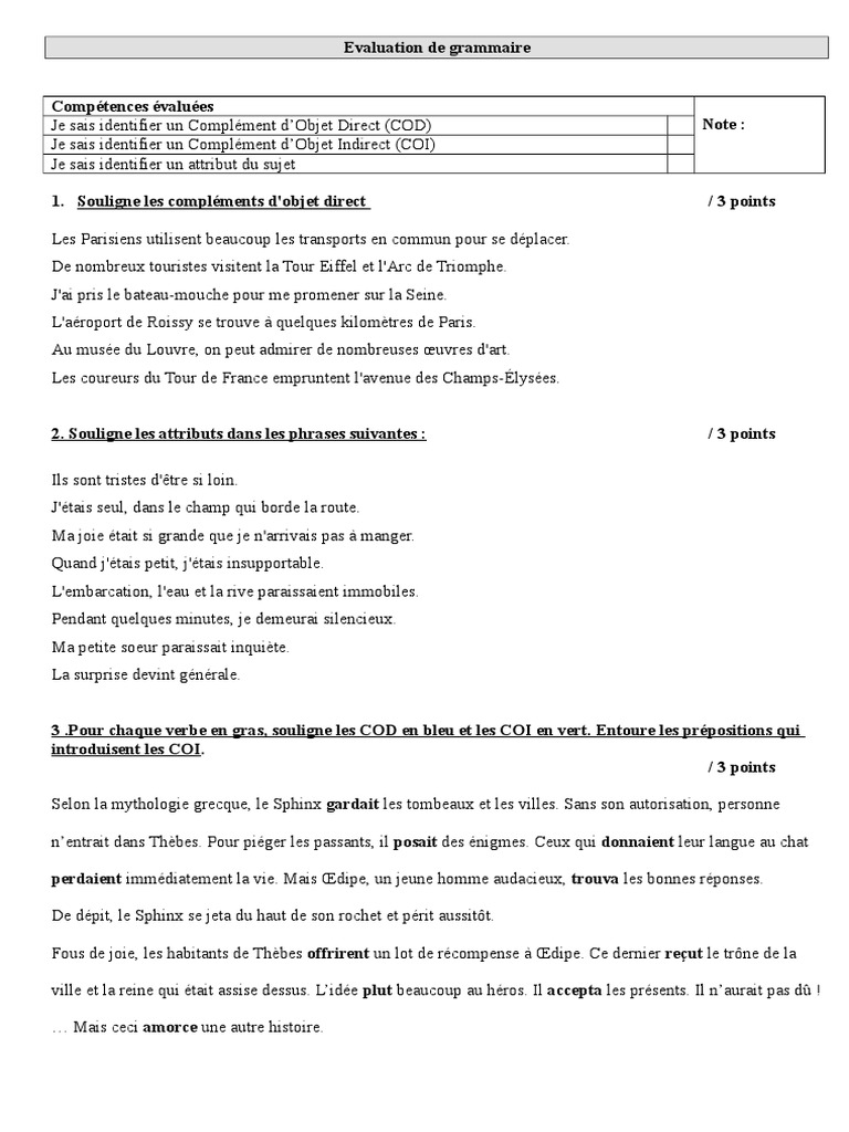 L attribut Du Sujet Exercices Corrigés Pdf Evaluation de Grammaire Cod Coi Attribut | PDF | Sujet (Grammaire) |  Mécanique du langage