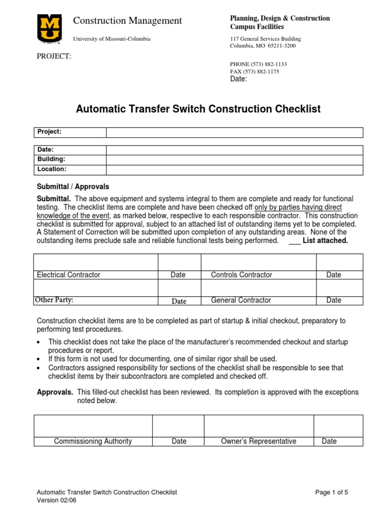 Automatic Transfer Switch Checklist | PDF | Calibration | Switch