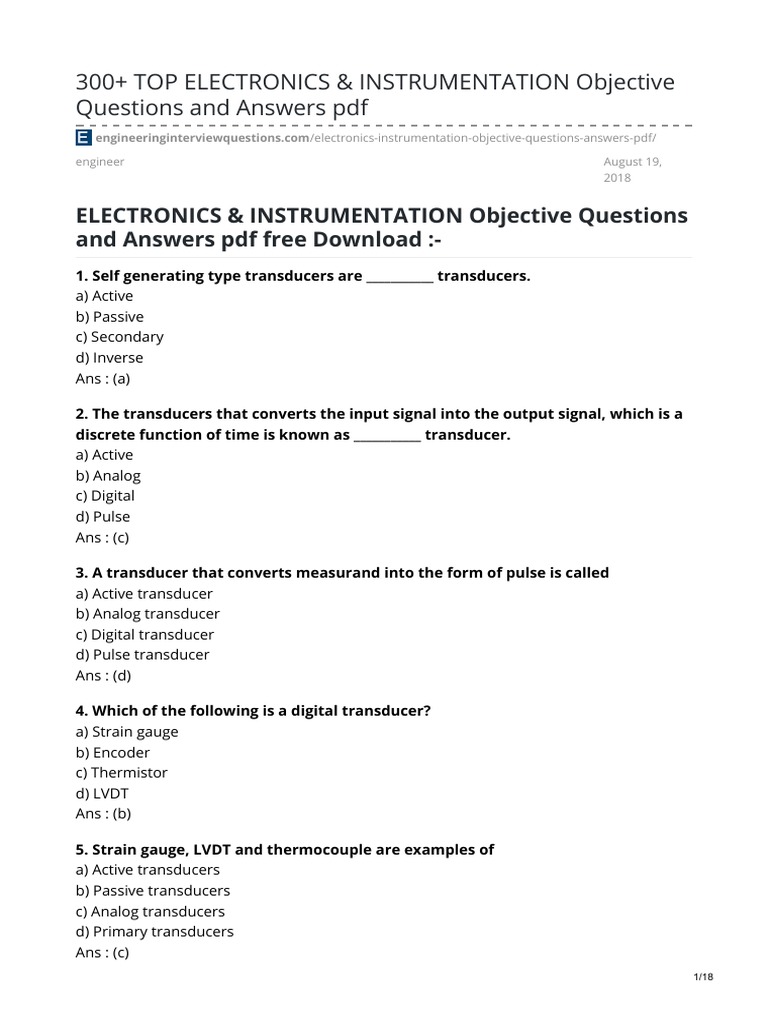 Transducer MCQ PDF Amplifier Operational Amplifier