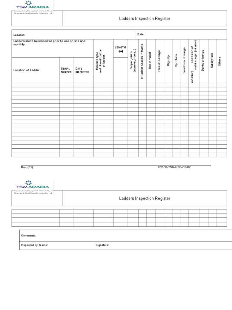 Ladder Inspection Register Template | PDF