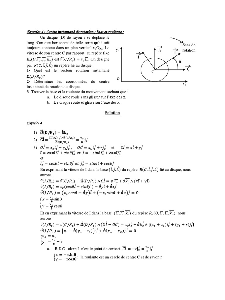 Centre instantané de rotation : Exercice 4 | PDF | Mouvement de ...