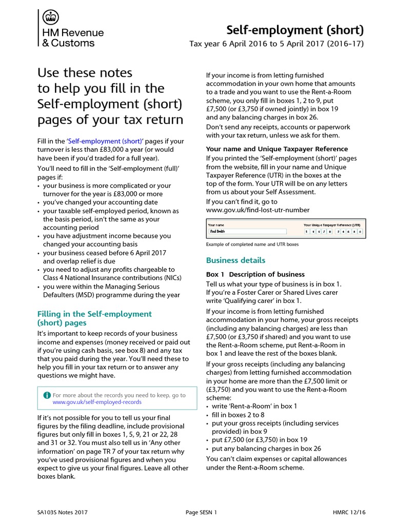 SelfEmployment Tax Return Guidance Instructions for Completing the