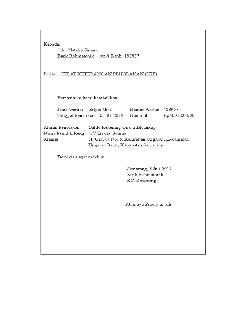 Contoh Surat Keterangan Penolakan Bilyet Giro