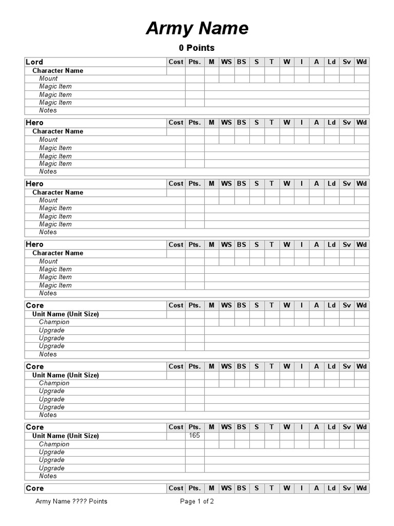 Army Battle Roster Template | PDF