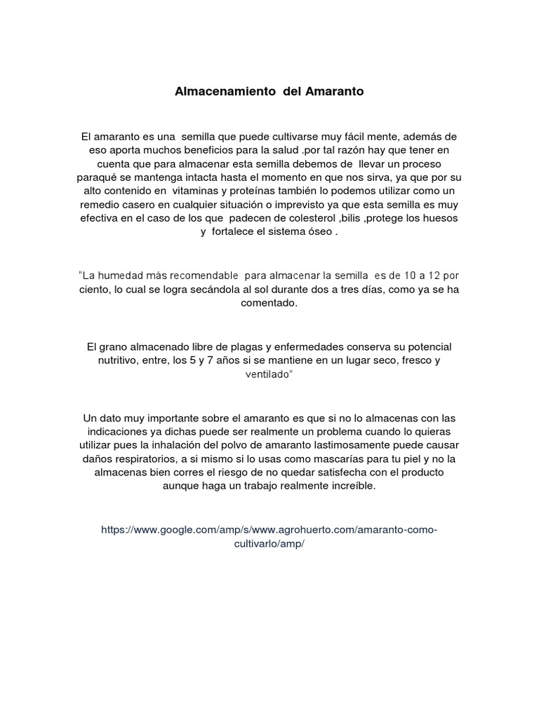 Almacenamiento Del Amaranto | Cereales | Panes