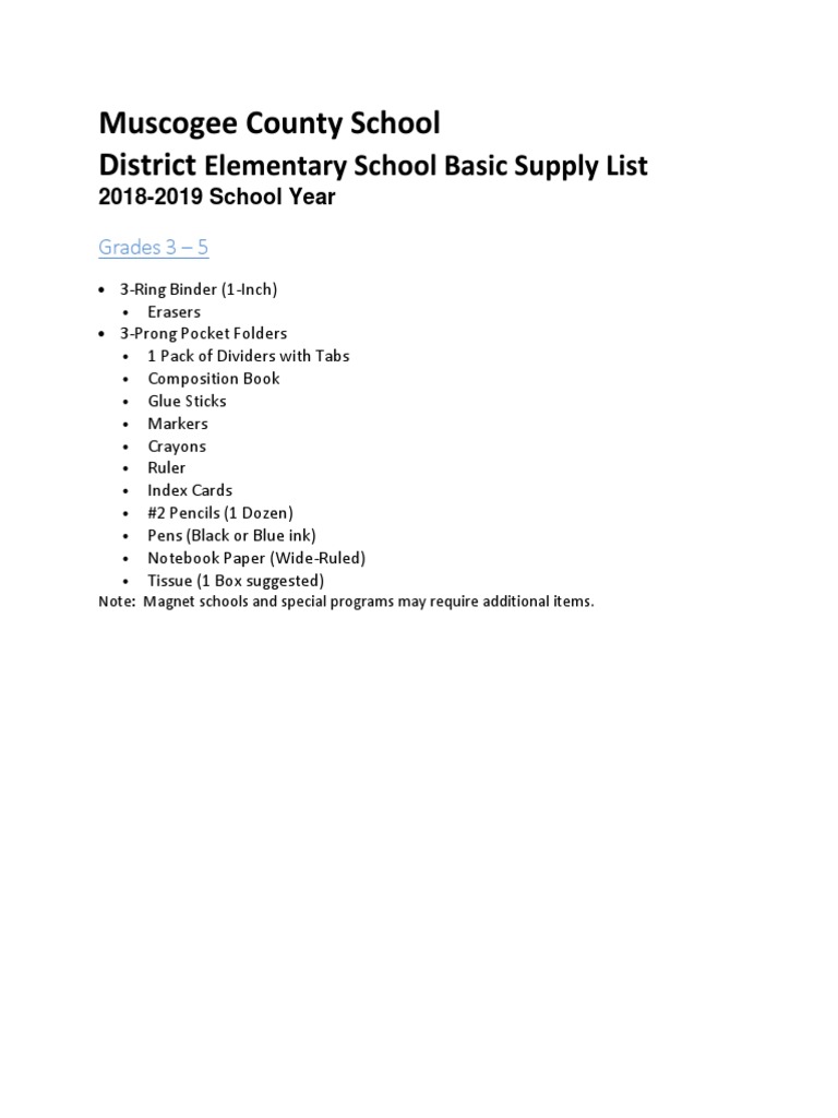 Muscogee County School District Elementary School Basic Supply List PDF