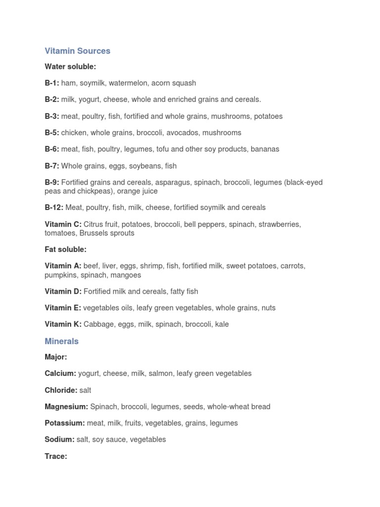 Vitamin and Minerals Sources PDF Human Body Vegetables