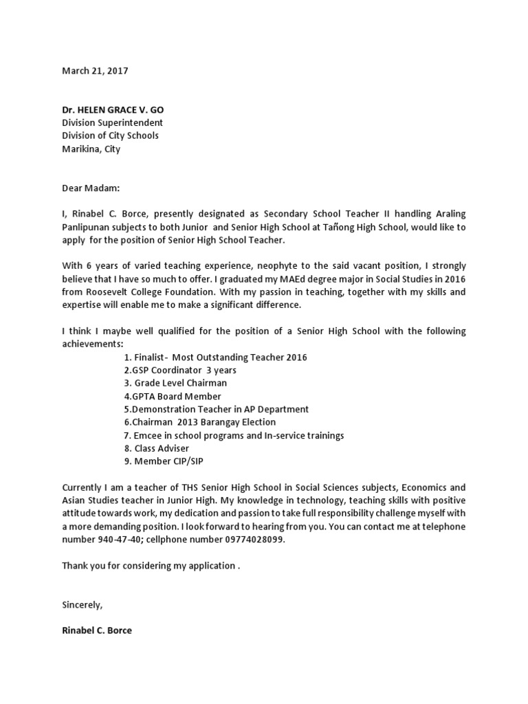 Teacher Job Application by Rinabel Borce | PDF | Teachers | Academia