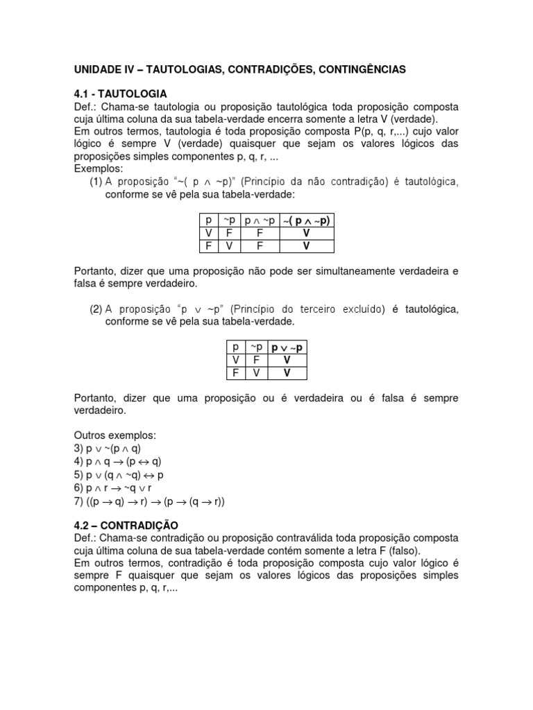 Tautologias, Contradições e Contingências | PDF | Contradição | Raciocínio