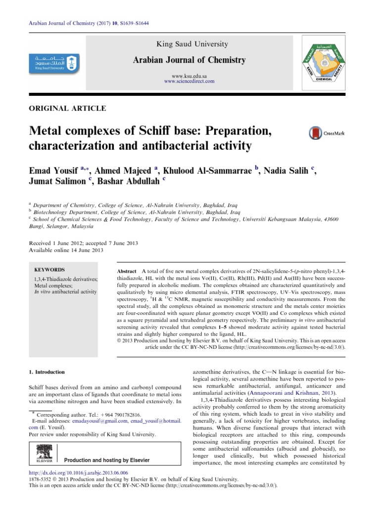 Metal Complexes of Schiff Base: Preparation, Characterization and ...