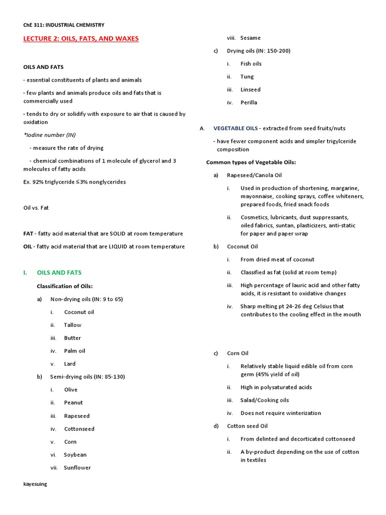 Lecture 2 OILS FATS AND WAXES (Reviewer) PDF Vegetable Oil Wax