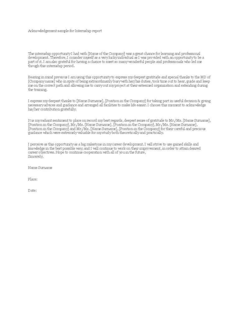 Acknowledgement Sample For Internship Report Pdf