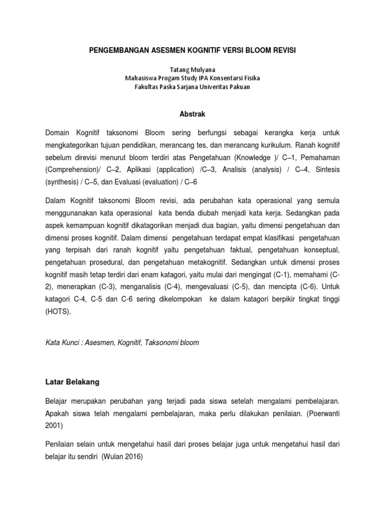 Pengembangan Asesmen Kognitif Versi Bloom Revisi Pdf