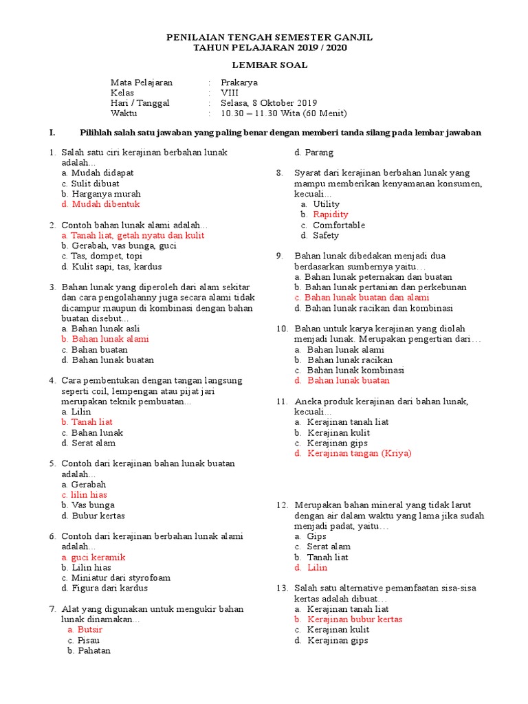 2019 Uts Soal Prakarya Kls 8 Kerajinan Sm1 Pdf