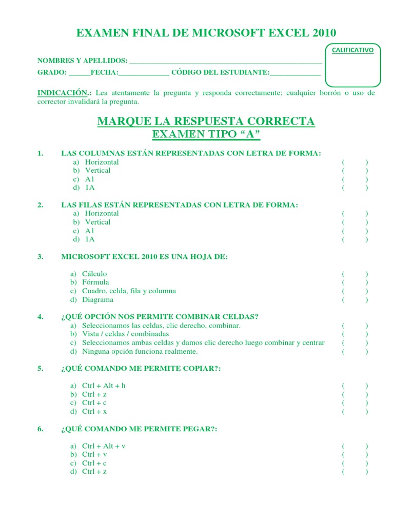 Examen de de Microsoft Excel 2010 Tipo A | PDF | Microsoft Excel | Hoja ...