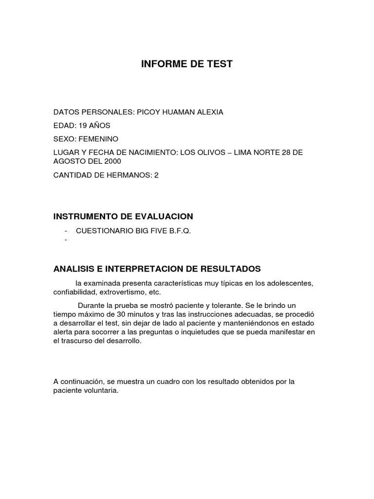 Informe de Test BFQ | PDF | Sicología | Ciencias del comportamiento