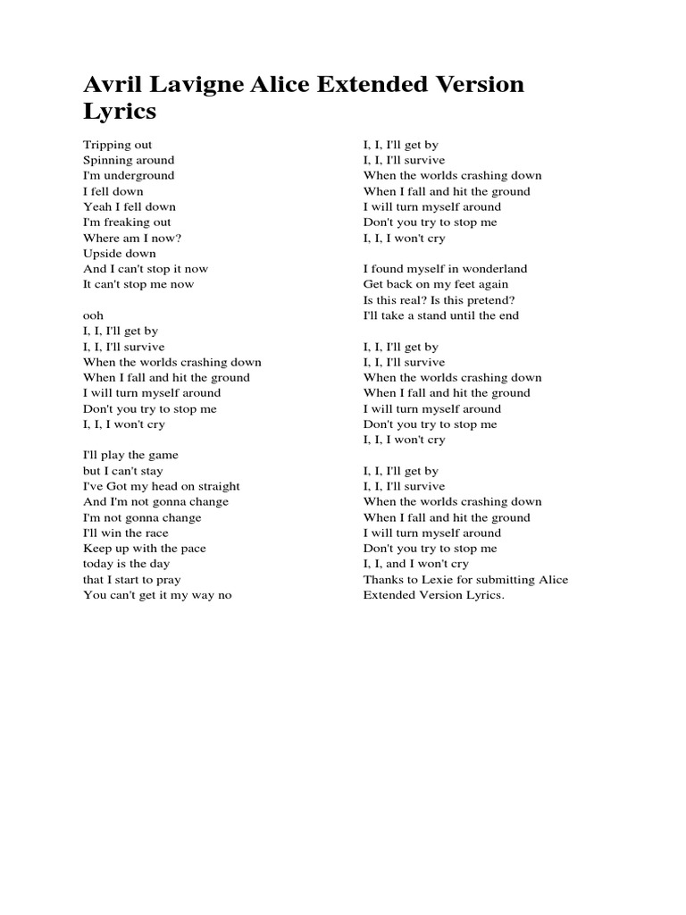 Avril Lavigne Alice Extended Version Lyrics Song Structure