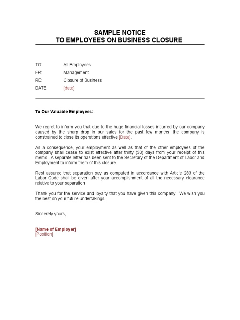 Sample Notice To Employees On Business Closure: (Date) | PDF