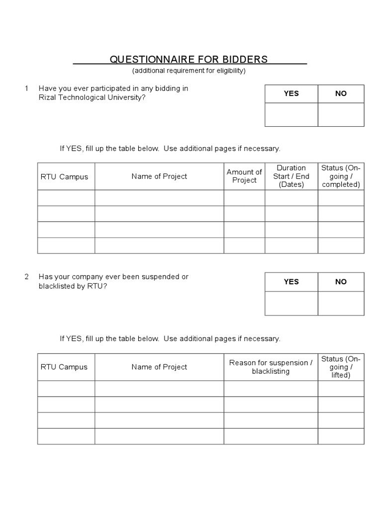 RTU Bidder Eligibility Questionnaire | PDF | Government Information ...
